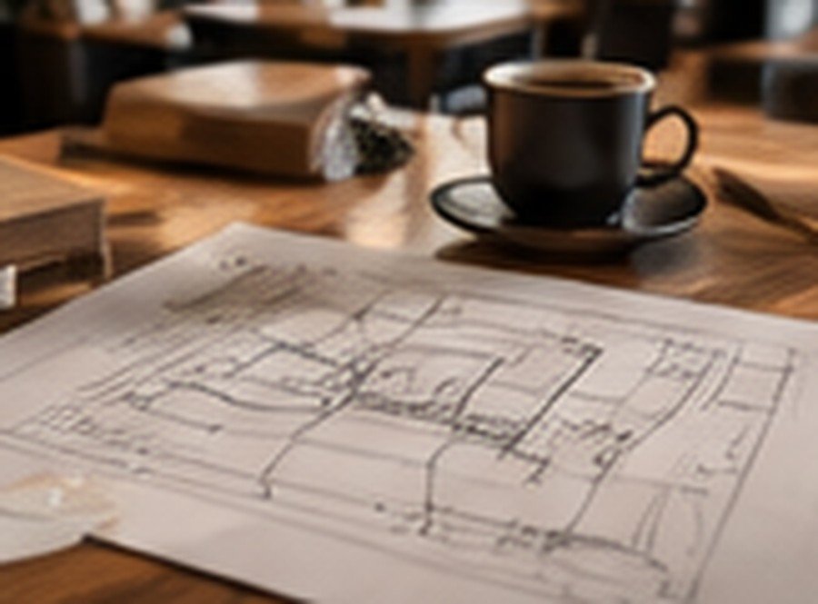 Hand-drawn floor plan sketch on a wood table beside a cup of coffee