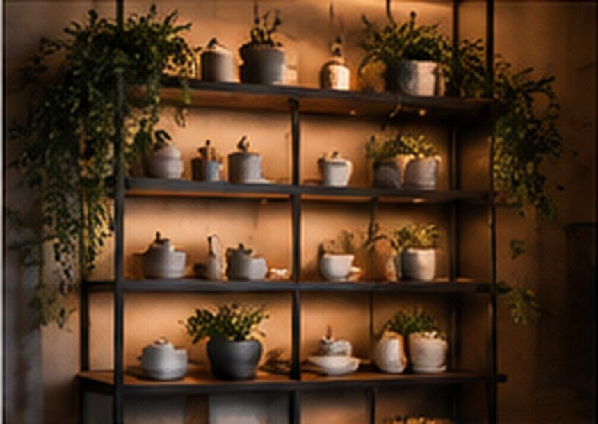 Wood display shelving with ceramics and greenery, lit from below each shelf